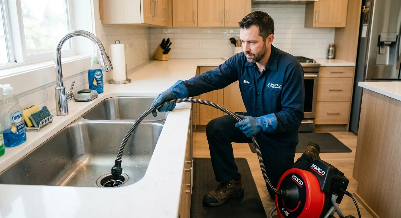 Drain cleaning technician using a motorized snake on a kitchen sink in Ruidoso