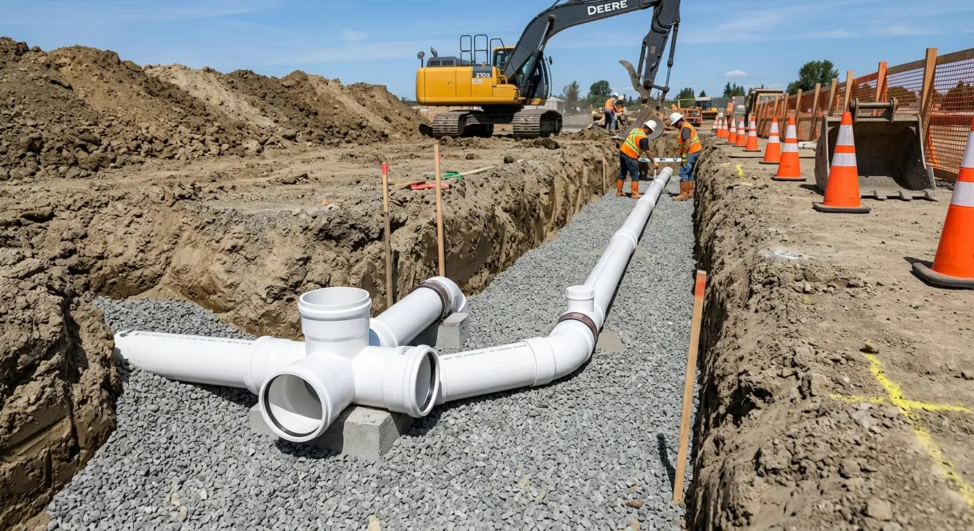 New PVC sewer pipe installation in open trench for Commercial Drain Cleaning in Ruidoso